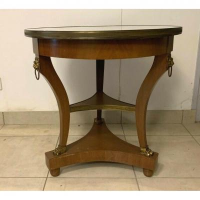 Empire Style Tripod Pedestal Table In Mahogany Marble Top With Brass Gallery