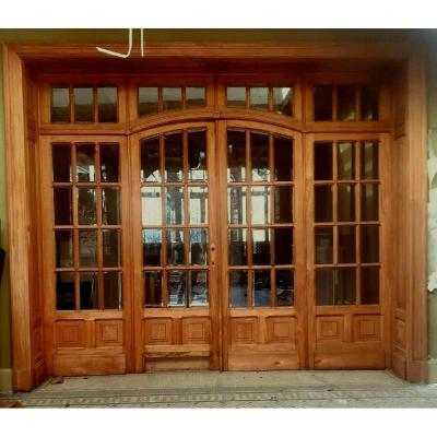 Four-leaf Partition Door And Transom In Natural Wood Beveled Tile
