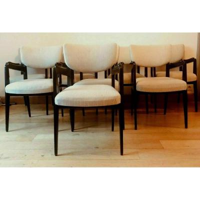 Suite Of Eight Design Armchairs From The 60s In Blackened Wood XX Century