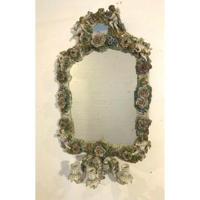 Pair Of Mirrors With Candlesticks In Polychrome Porcelain German Porcelain