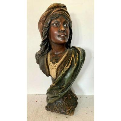 Bust In Polychrome Plaster Eyes In Sulfide XIX Century