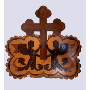 Curved Wood Panel In Marquetry Of Winged Angels XIX Century