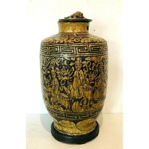 Covered Vase In Cracked Earthenware With Chinese Decor XIX Century