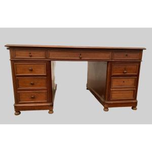 Double-sided Flat Desk And Side Drawers In Walnut XX Century