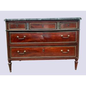 Louis XVI Style Commode In Mahogany Veined Gray Marble Top XIX Century