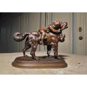 Bronze By Victor Chemin (1825-1901) "child Asleep On A Saint-bernard"