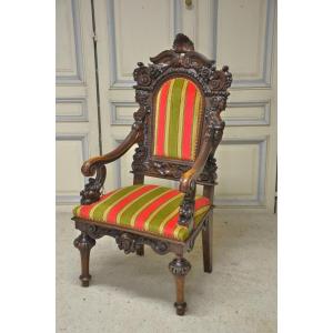 Large Ceremonial Armchair In Walnut In Renaissance Style.