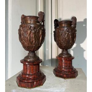 Pair Of Large Bronze Crater Vases Signed By F.barbedienne