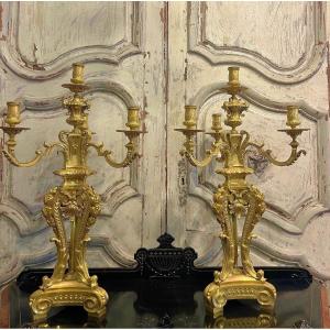 Pair Of Louis XIV Style Gilt Bronze Candelabra, Napoleon III Period.