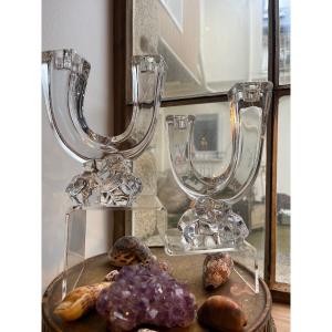 Pair Of Crystal Candlesticks, Art Vannes, France