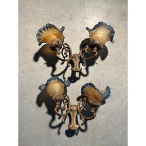 Pair Of Art Nouveau-style Pâte De Verre Sconces Signed Viamme