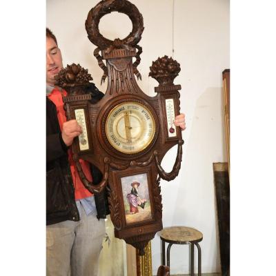 Large Barometer & Thermometer In Carved Oak.