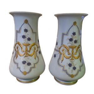 Pair Of Baccarat Purple Opaline Vases, Golden Decor, Perfect Condition