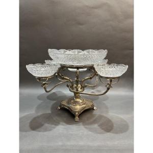 Centre De Table En Métal Argenté Et Cristal