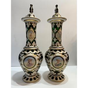 Pair Of Vases, Bohemian Crystal , Overlay , 68 Cm