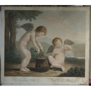 Cupid Sharpening His Wedding Bow Engraver After Albane Large Print Early 19th Century