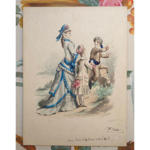 Watercolor Signed 1870 Illustration Journal Of Ladies And Young Ladies