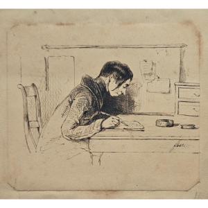Young Writer Drawing In Indian Ink, 19th Century, Signed