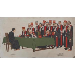 Adrien Barrère (1874-1931) Magistrates The Examination Justice Caricatures Around 1910 Large Li
