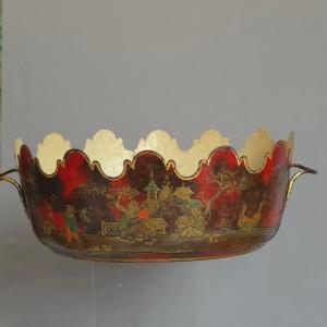 19th Century Painted Sheet Metal Glass Cooler With Chinese Lacquer Decoration