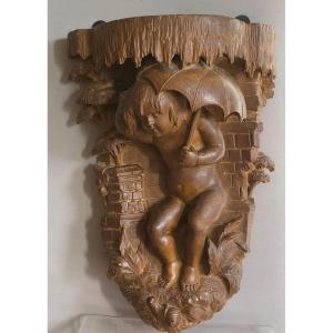 Wall-mounted Console Table "it's Raining" With A Little Girl And A Snail, Carved Wood, Height: 37 Cm