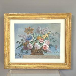 Basket Of Flowers, Gouache, 18th Century, View: 17 X 22 Cm