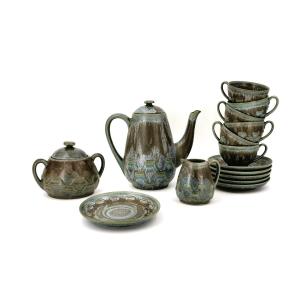 Denbac Coffee Service (denert And Balichon) In Vierzon Flamed Stoneware, Art Deco Period