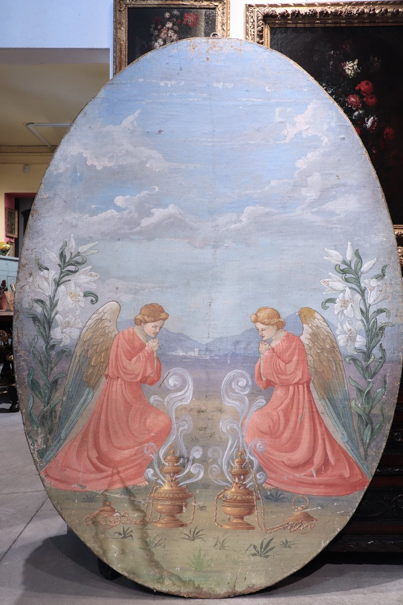 Grande dipinto: Coppia di angeli, Toscana, '900 H203CM-photo-3