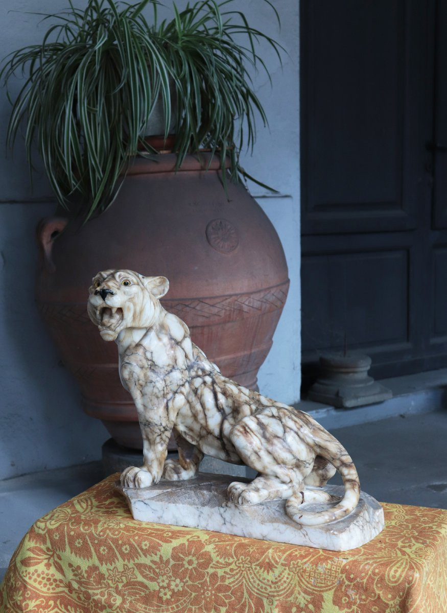 Scultura animalier in alabastro: Pantera, inizi '900-photo-3