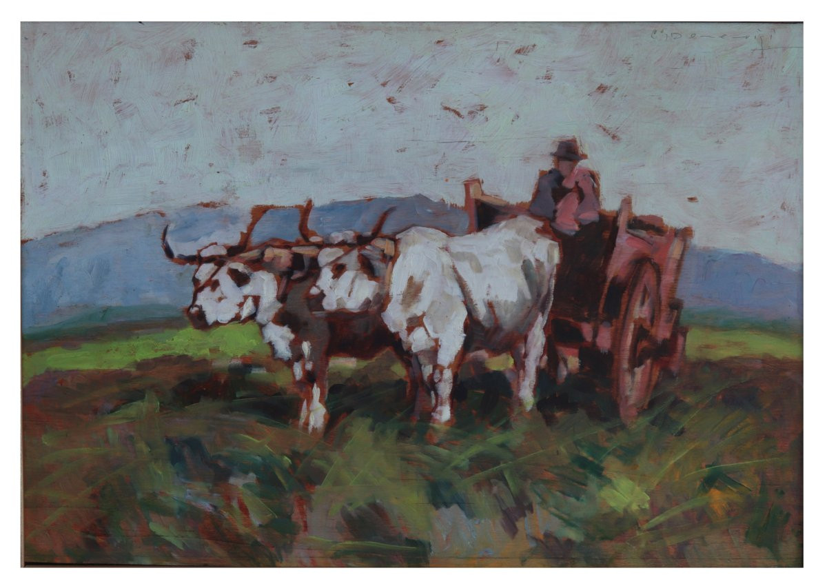 Carlo Domenici - (Livorno 1897 - 1981) Carro con buoi-photo-2