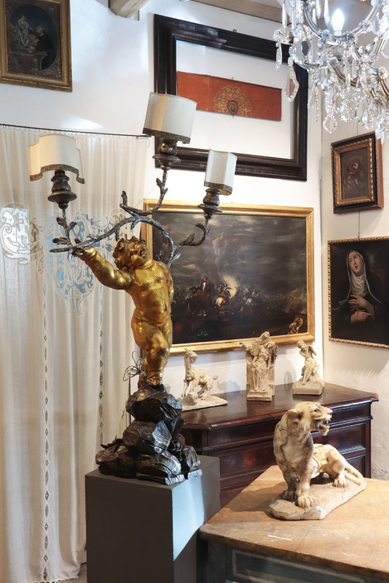 lampada da terra, Putto dorato,  Barocco, 18 secolo-photo-4