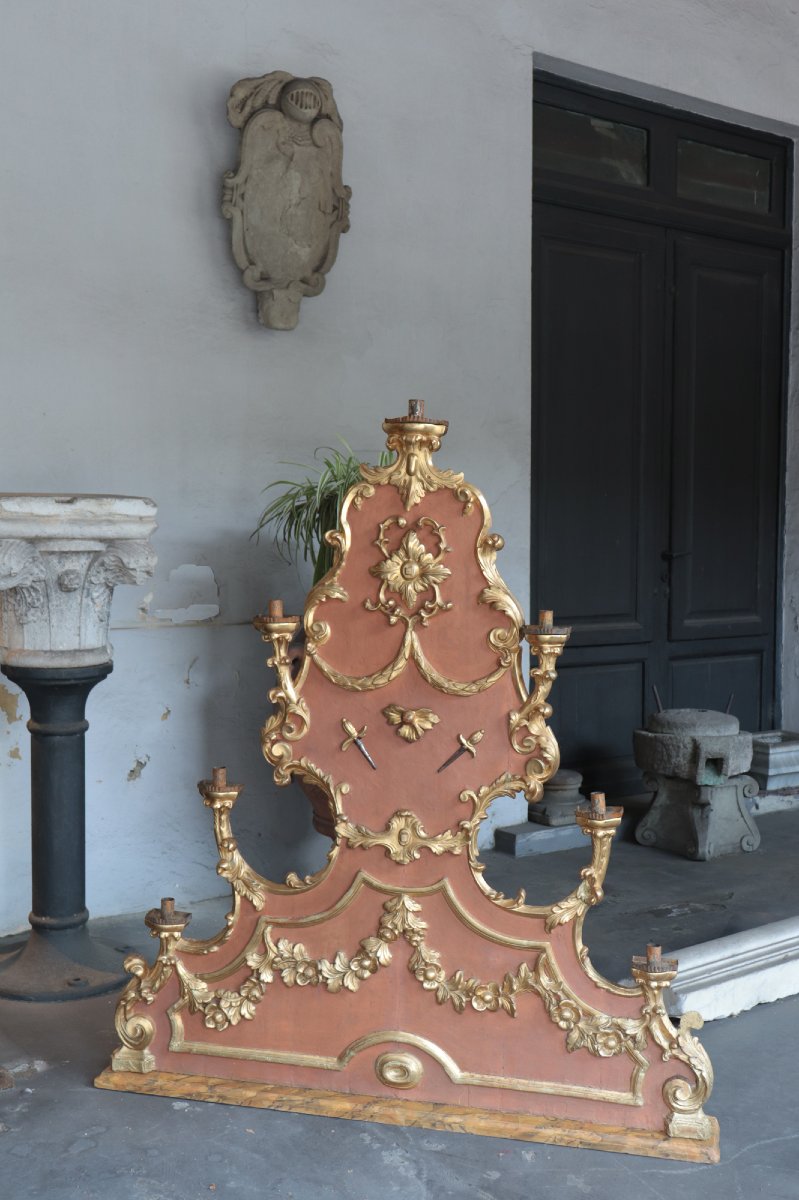 Grande Candeliere a 7 luci in legno dorato, '700-photo-3