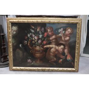 Natura Morta con Putti e fiori, Roma, fine '600