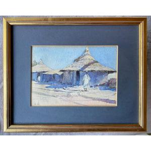 Africa Beautiful Watercolor By Emile Appay 1876 - 1935 Village Scene