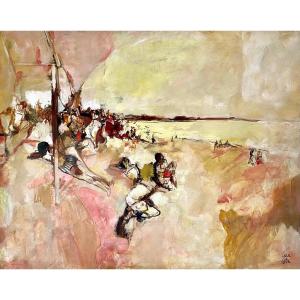 Oil On Canvas "the Beach" Signed Lower Right Cara Costea (1925-2006). 