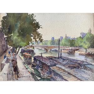 View Of Paris At Louis Philippe Bridge Watercolor By Henri Bouvrie 1896 1973 - 38.5 X 28.5 Cm