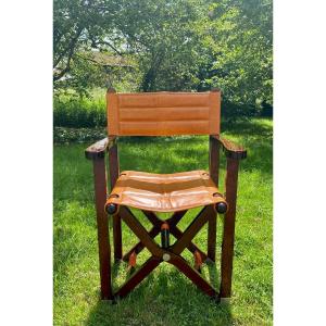 Vintage Luxury Director's Folding Armchair Mahogany Varnished Leather Fauve Design