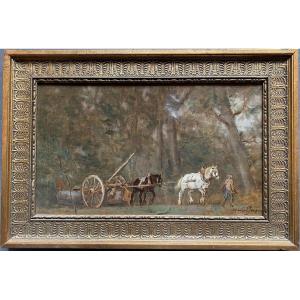 Marcel Jacque 1906 1981 Oil On Canvas “the Skidding With Horses” Dimension 24x41 Cm