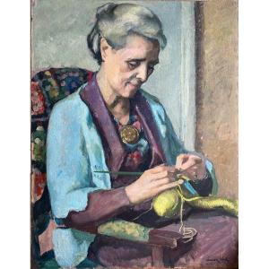 Oil Painting By Lucien Weil 1902-1963 Portrait Of A Woman With A Crochet Hook