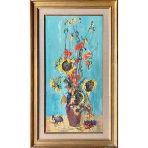 Large Oil On Canvas By Paul Girol 1911 1988 Bouquet Of Dried Sun Flowers And Physallis