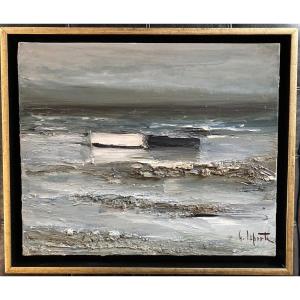 The Sea In Brittany Oil On Canvas By Georges Laporte 1926 2000 4§ Cm X 38 Cm Without Frame