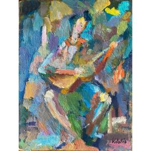 Oil On Hardboard By Macario Vitalis (1898-1989) The Musician - Guitarist