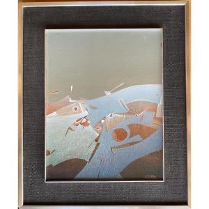 Abstract Composition Oil On Wood Panel By Jean Gubellini Born 1930 - 35 X 27 Cm Without Frame
