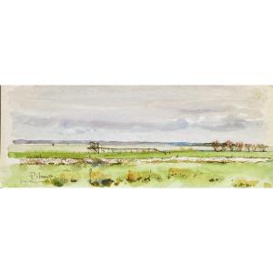 Watercolor Pierre Neveu 1929 Estuary Ocean Loire Panoramic View Paimboeuf Carrelet Huts 
