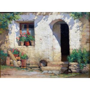 Oil On Canvas By Charles Perron 1893 - 1958 Format Without Frame 3§ Cm X 27 Cm Maison Fleurie