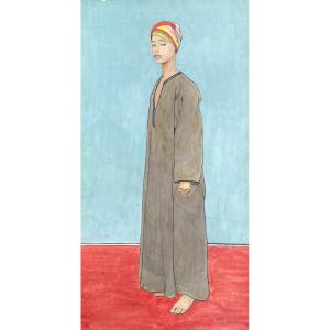 Portrait, Gouache, Ink, Watercolor, Orientalist, 1919, Monogrammed Rb, 29 Cm X 15.3 Cm On Whatman's Paper