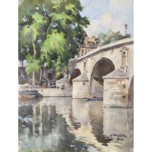 The Pont Marie In Paris - Watercolor Signed Henri Bouvrie (1896-1973)