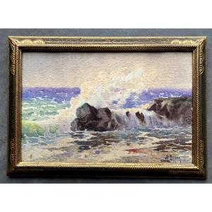 Seaside - Watercolor Titled "a Wave At Carqueiranne" Signed Antoine Barbier