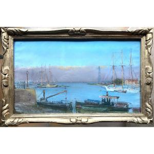 The Port Of Bordeaux In 1927 With Its Activity, Featuring Pastel Boats Under Glass In Period Framing.
