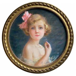 Portrait Of A Little Girl In The 19th Century, Pastel Signed Mathilde Curot-barberel